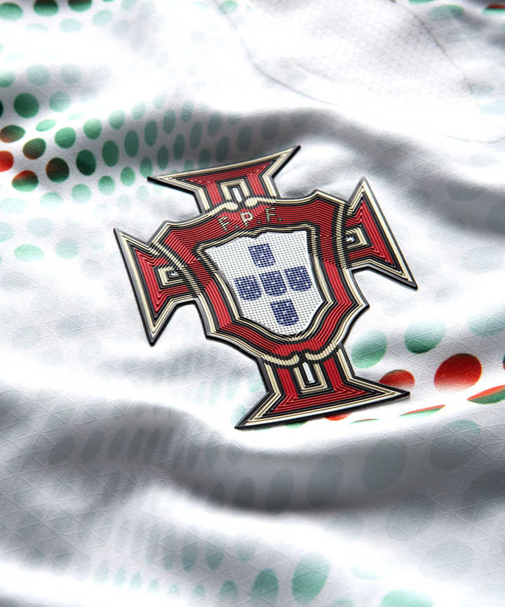 Close-up of Portugal away jersey 2024 with detailed emblem and textured fabric design