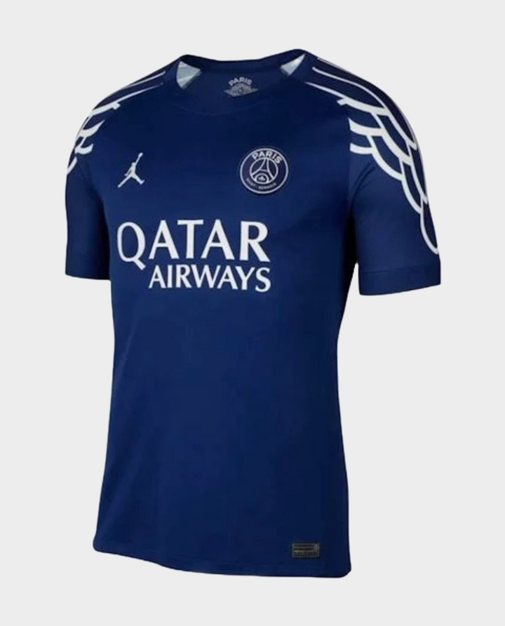 Striker Store PSG 2024 fourth jersey in navy blue featuring Qatar Airways logo and Jordan branding