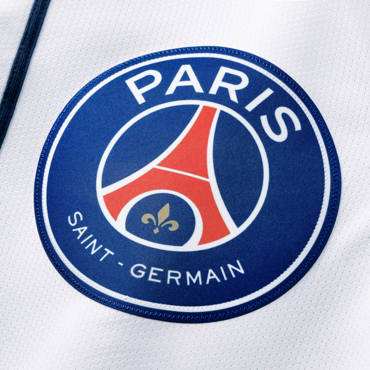 White PSG special edition baseball shirt 2025 featuring the iconic Paris Saint Germain logo