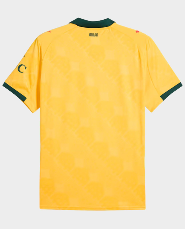 Striker Store AC Milan 2025-26 third jersey pre order yellow back view with green collar and sleeve trim subtle geometric pattern