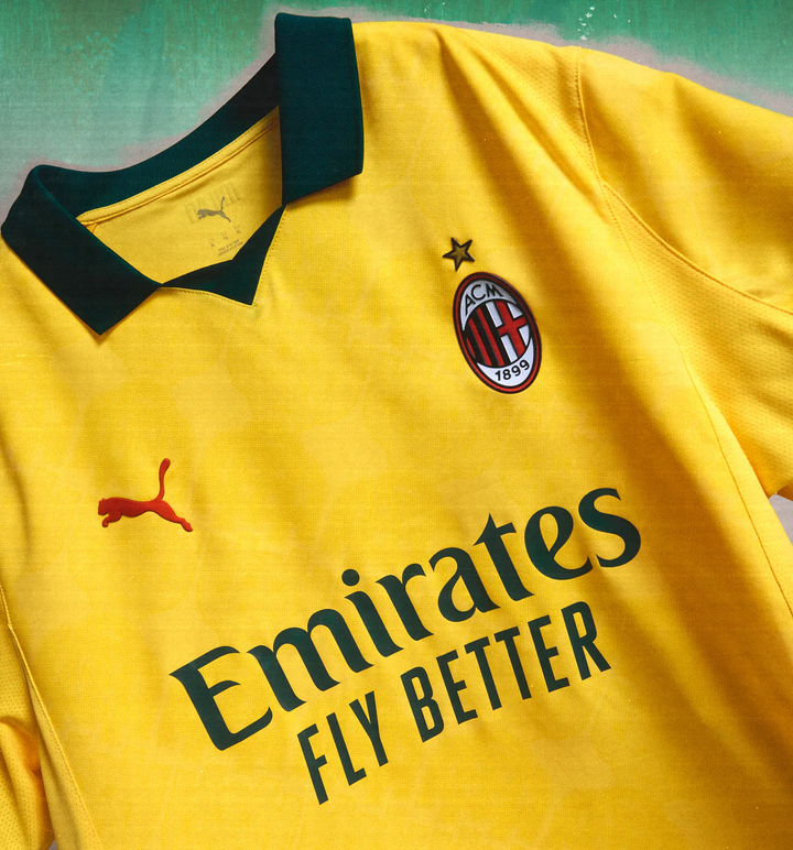 Striker Store AC Milan 2025-26 third jersey pre order yellow Puma kit with Emirates Fly Better logo and club crest