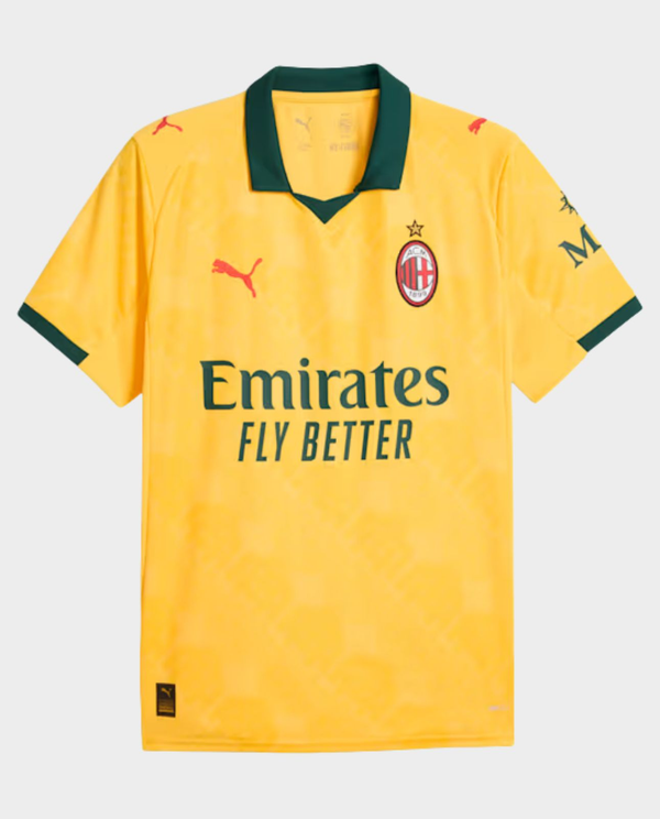 Striker Store AC Milan 2025-26 third jersey pre order yellow Puma Emirates shirt with green collar and club crest