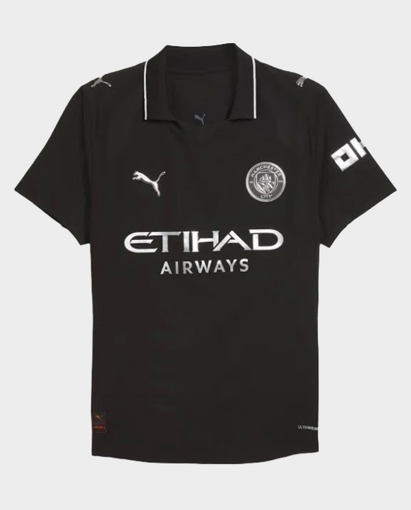 Striker Store Manchester City away jersey 2025 in black with white logos and collar detailing
