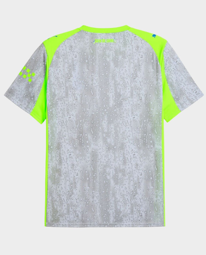 Striker Store Manchester City Third Jersey 2025-26 back view gray marbled pattern with neon yellow side panels and short sleeves