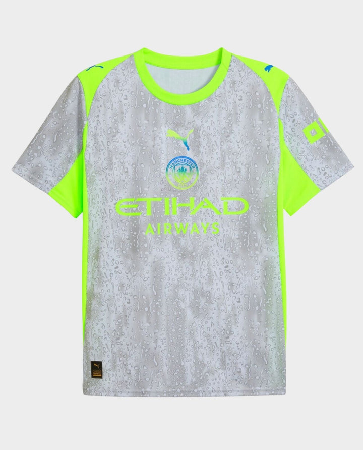 Striker Store Manchester City Third Jersey 2025-26 grey camo print with neon yellow trim Etihad Airways logo