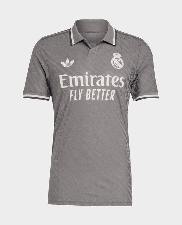 Striker Store Real Madrid 2024-25 player jersey in grey with Emirates logo and Adidas branding