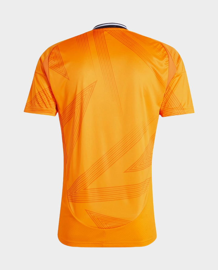 Back view of the Real Madrid away jersey 2024-25 in vibrant orange with dynamic design elements