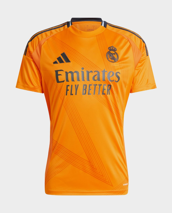 Striker Store Real Madrid away jersey 2024-25 in vibrant orange with Emirates logo
