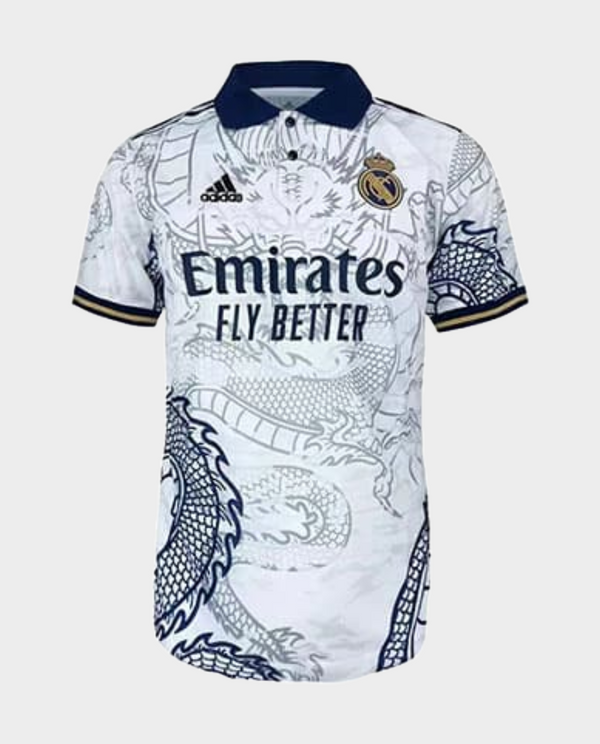 Real Madrid Dragon Jersey featuring a unique dragon design with Emirates logo and Adidas branding