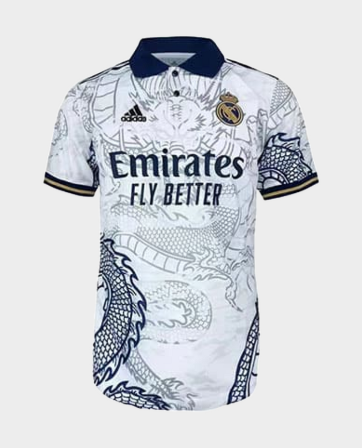 Real Madrid Dragon Jersey featuring a unique dragon design with Emirates logo and Adidas branding