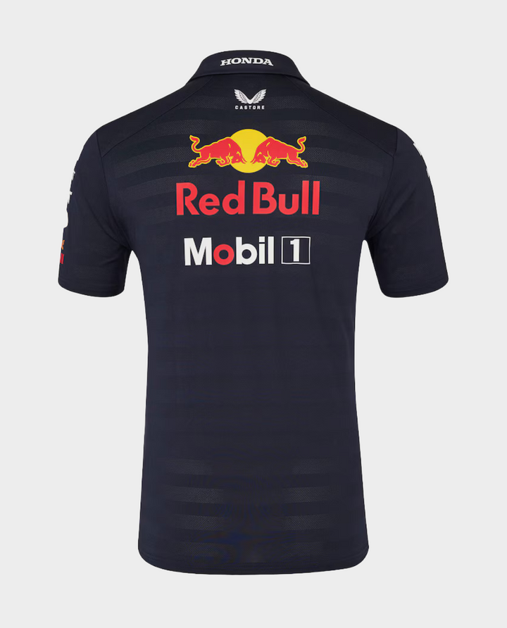 Back view of Red Bull Racing Team Polo 2025 with logo and sponsor details for motorsport fans