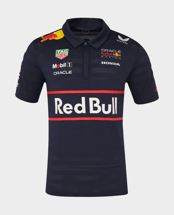 Red Bull Racing Team Polo 2025 in navy blue featuring team logos and a classic fit.