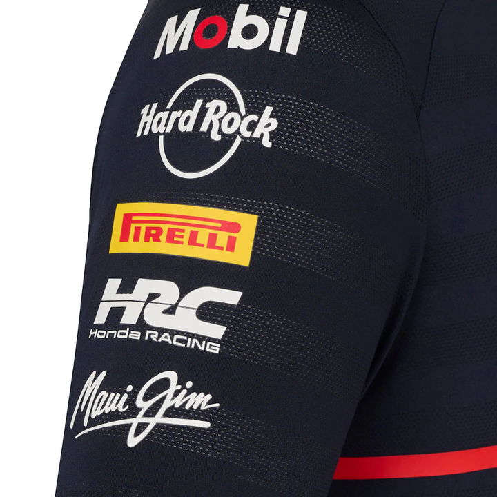 Close-up of the sleeve design on the Red Bull Racing Team Polo 2025 featuring sponsor logos