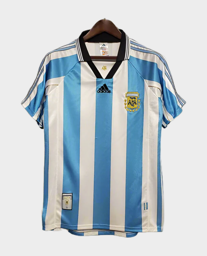 Retro Argentina 1998 jersey featuring blue and white vertical stripes and the AFA logo