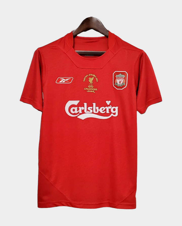 Retro Liverpool 2005 jersey featuring classic red color and Carlsberg sponsor logo