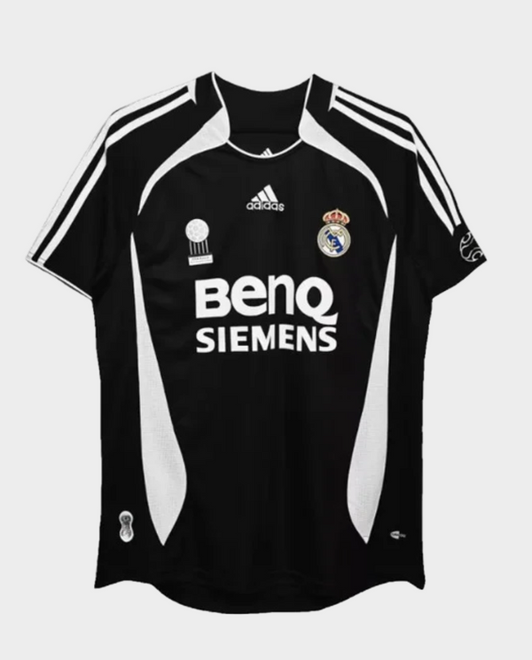 Retro Real Madrid 2006-07 jersey black with white accents and team logo by Striker Store