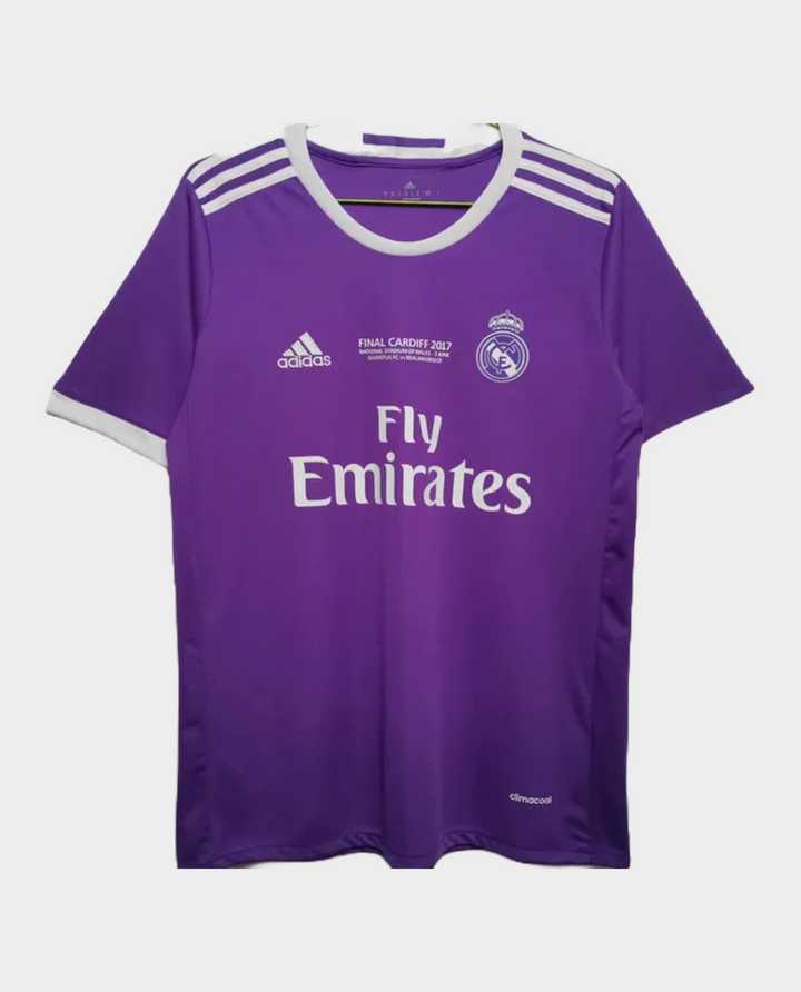 Retro Real Madrid jersey 2016-17 in purple with Fly Emirates logo and adidas branding