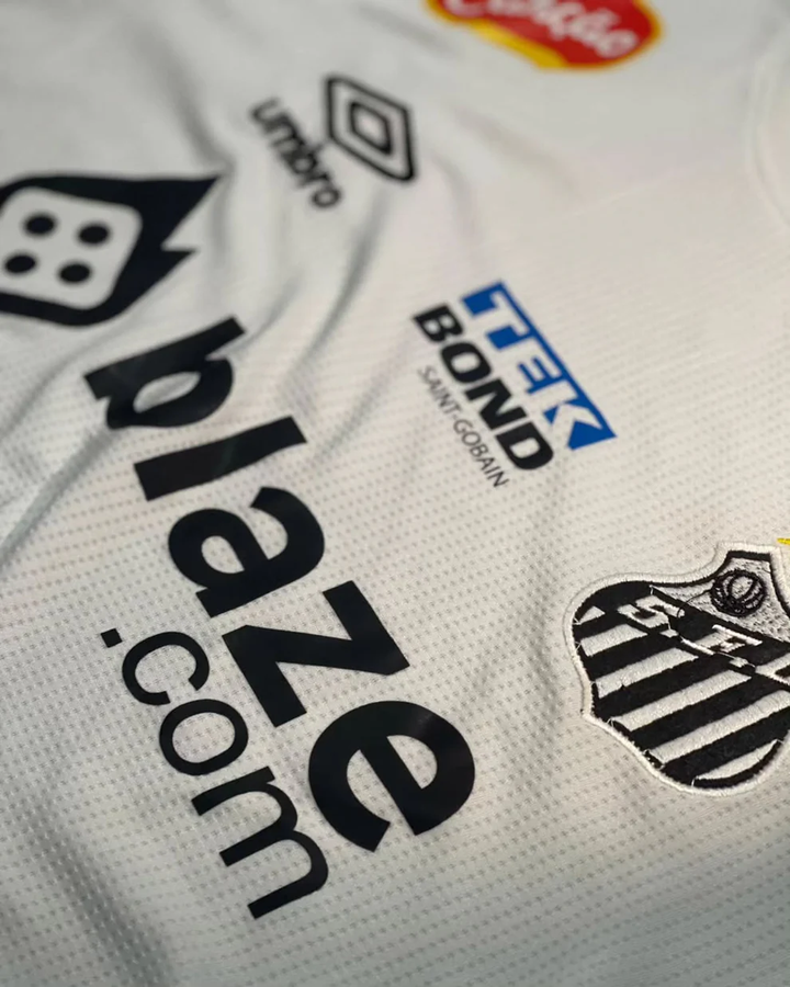 Santos home jersey 2025-26 from Striker Store featuring team logos and sponsor details